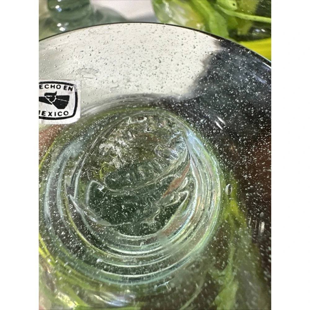 4 Margarita Glasses Hand Blown Recycled Mexican Yellow & Green Drizzle 6.5 